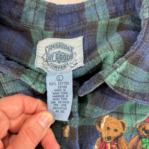 Vintage 90s Teddy Bears Embroidered Plaid Flannel Button Up, Womens Size L - Picture 5 of 6
